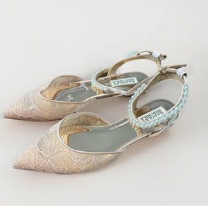 Badgley Mischka Cream Lace Heels with Blue Accents